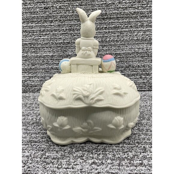 Heart Shaped Bisque Candy Dish Trinket Box Easter Bunny Colored Eggs w Lid 7" T - Picture 4 of 8